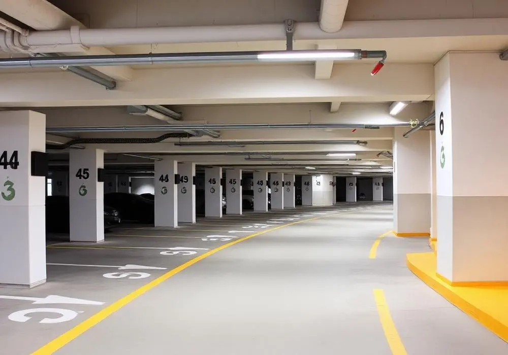 Garagem de condomínio com vagas numeradas